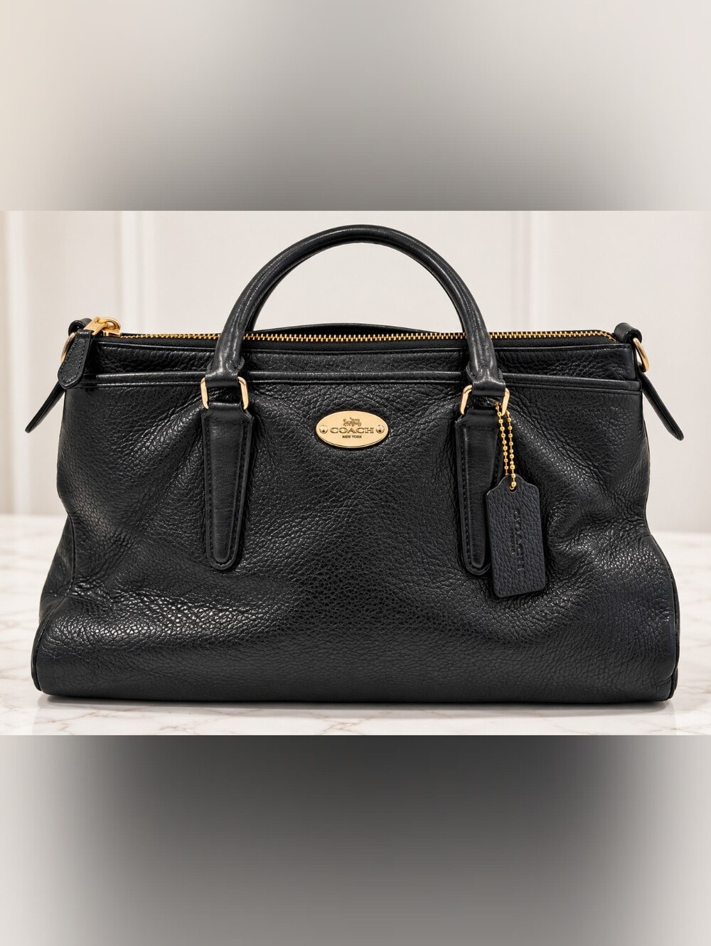 Coach Morgan Black Pebbled Leather Satchel Tote Bag Gold Hardware Large F35185